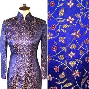 Vintage Cheongsam Qi Pao Traditional Mandarin Blue Yellow Maxi Gown Dress XS